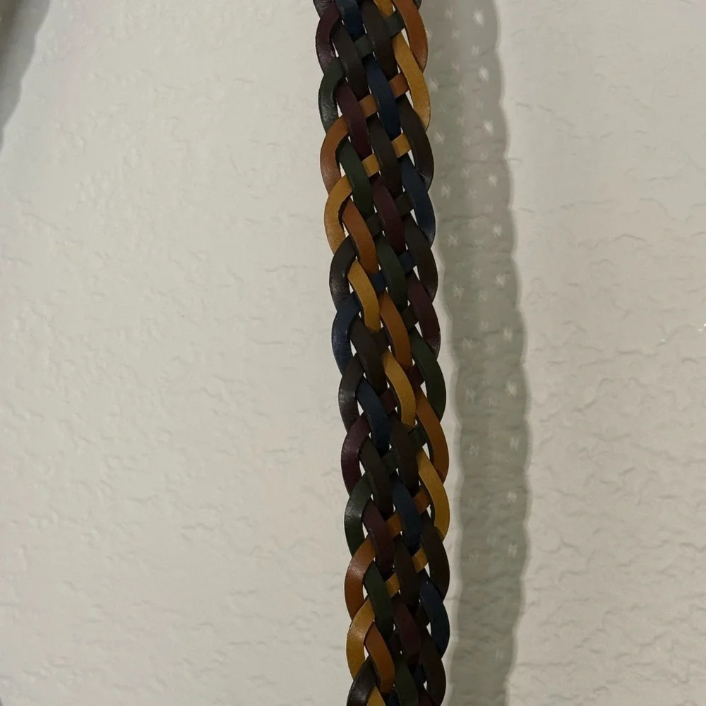 Braided Leather Multicolor Belt with Brass Hardware, 44.5 Inches Long
